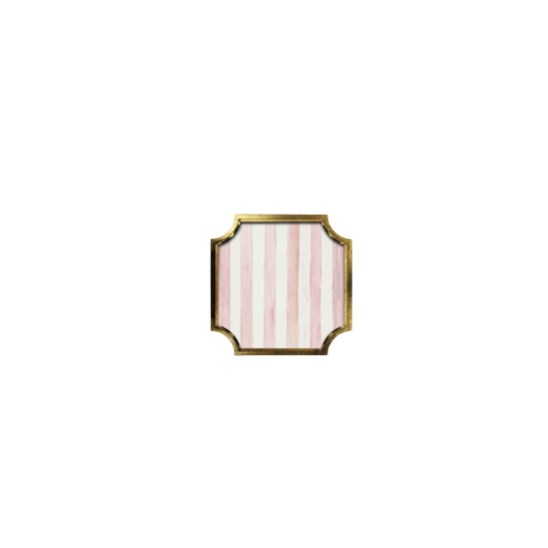 Square stackable trinket tray with pink and white vertical stripes and gold leaf gallery edges.