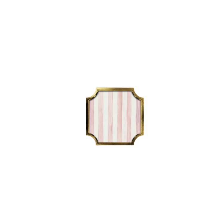 Square stackable trinket tray with pink and white vertical stripes and gold leaf gallery edges.