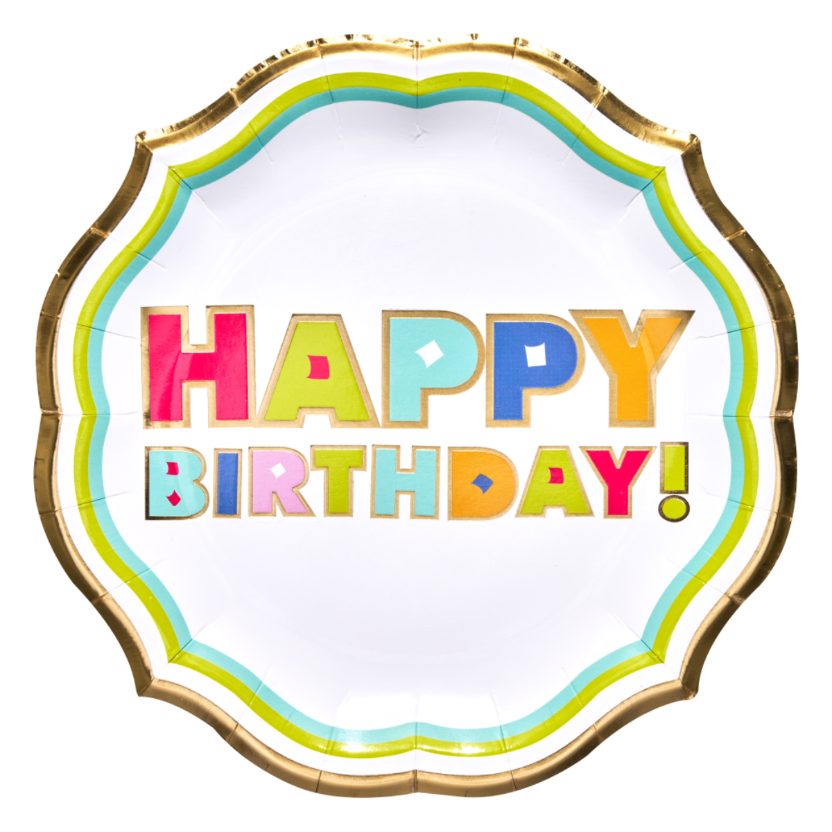 Scalloped 10.5 inch paper dinner plate with gold foil edge and colorful Happy Birthday text.
