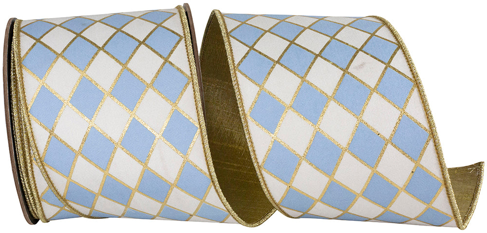 4 inch white and French blue harlequin diamond ribbon with gilded gold wired edges.