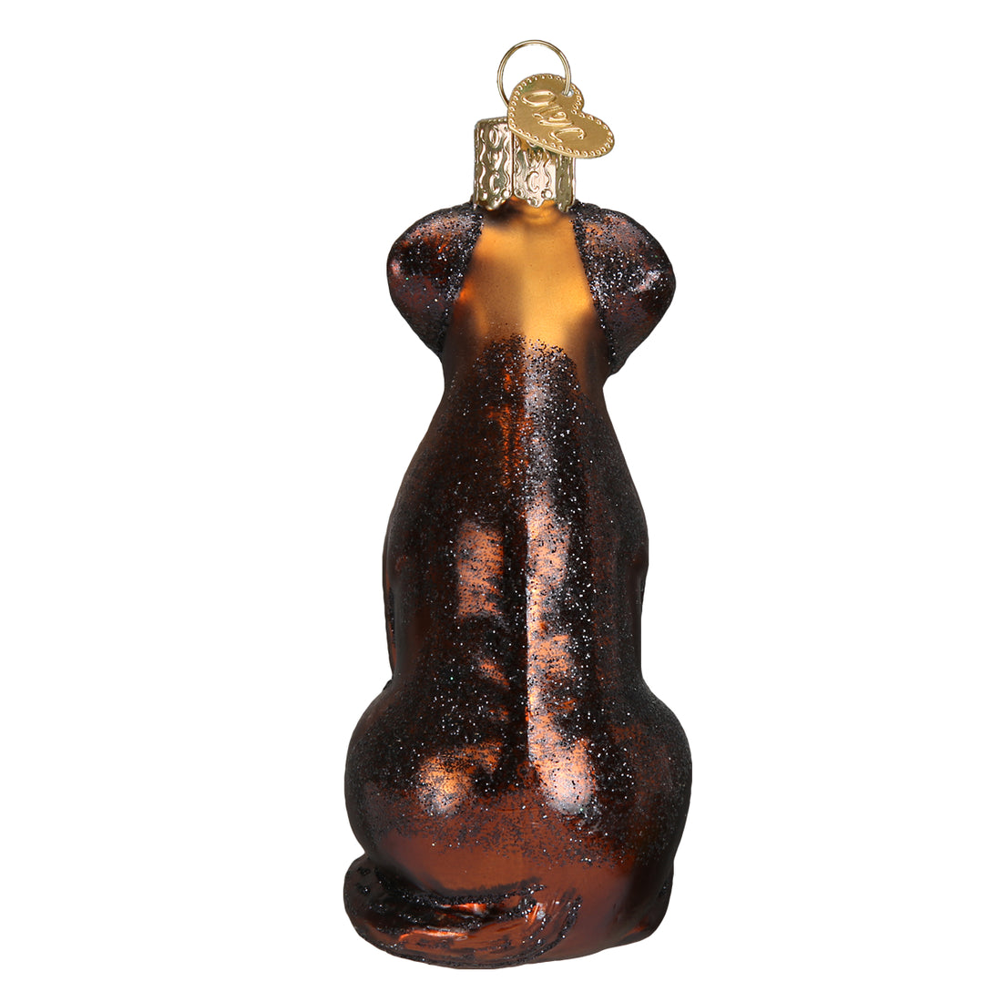 Back view of a glass Chocolate Labrador ornament with glitter accents and a gold heart charm.