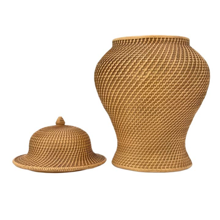 Faux wicker polyresin ginger jar with a domed, knob-top lid in a natural tan basket-weave texture.
