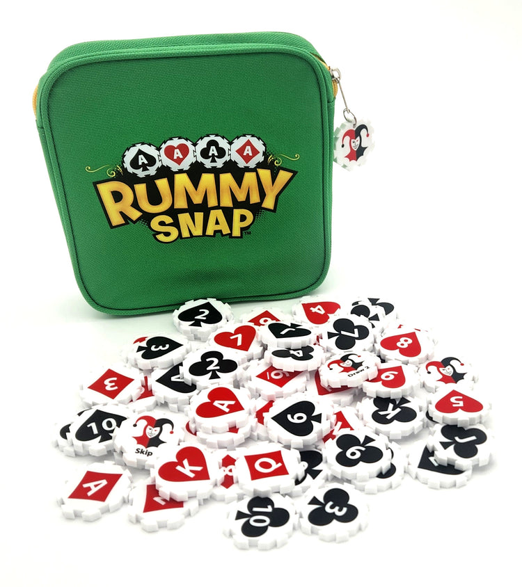 Rummy Snap canvas zipper pouch in neutral tone with octagonal game tiles.