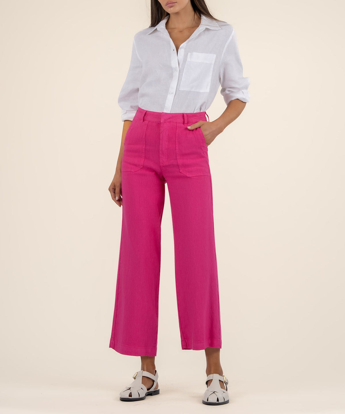 Luna Topaz high rise wide leg linen rayon pants with porkchop pockets in a neutral tone.