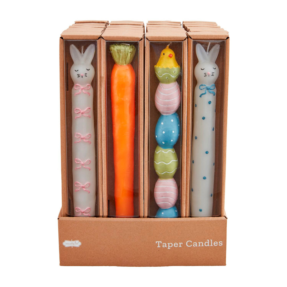 Hand-painted figural taper candle with a natural finish.