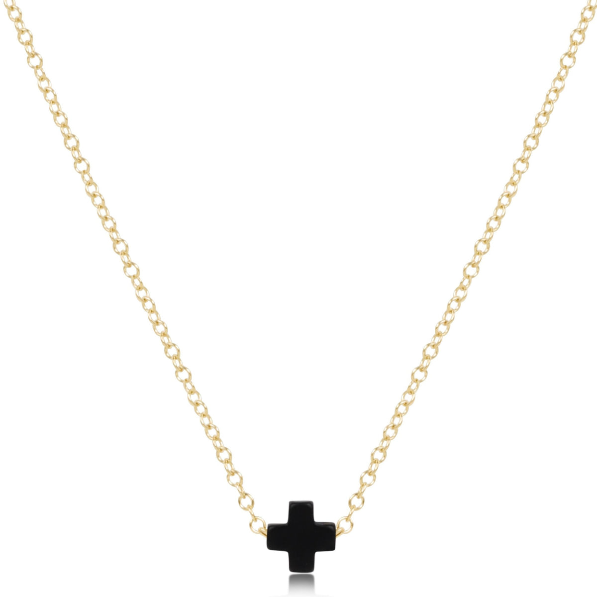 16-inch 14kt gold-filled chain necklace with a small black signature cross pendant.