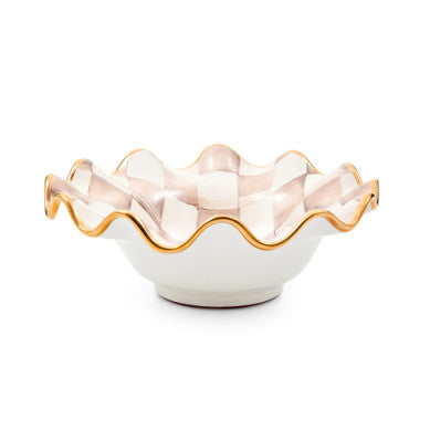 Handmade mocha ceramic breakfast bowl with gold lustre accents and check pattern