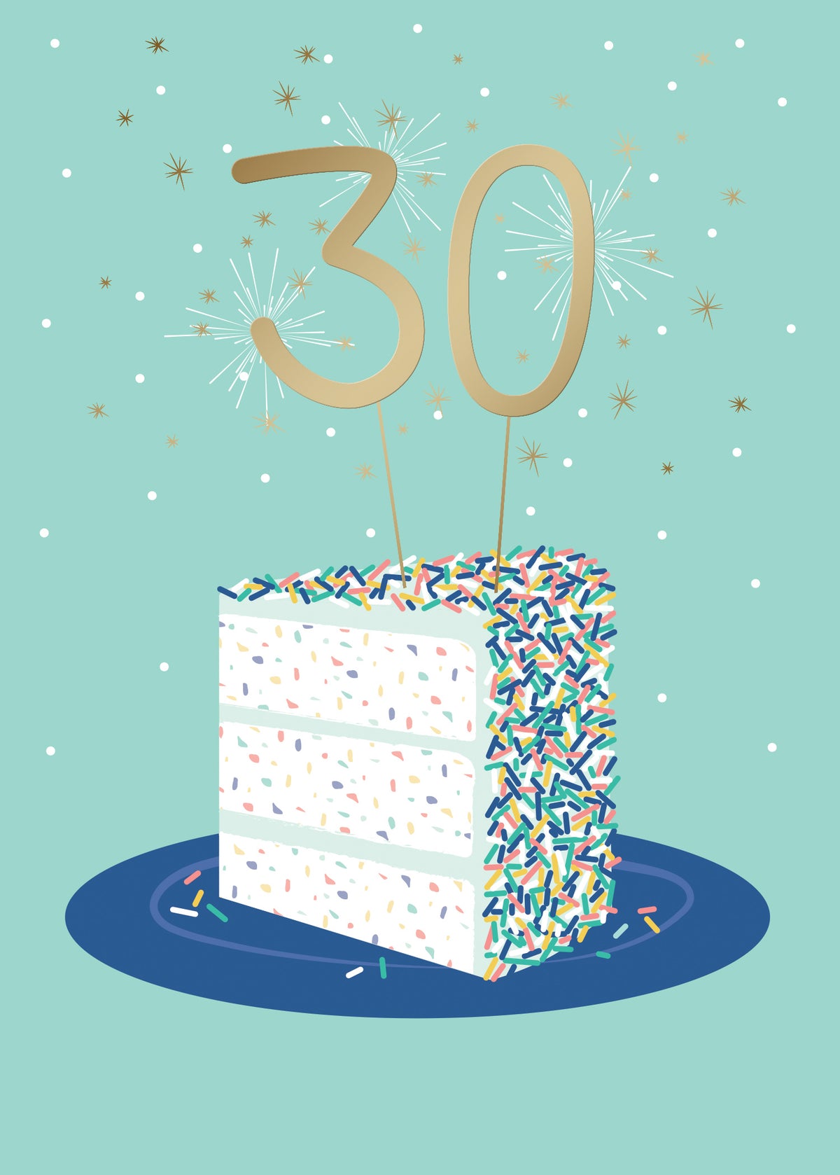 A slice of white cake with colorful sprinkles and a gold "30" topper on a blue plate, set against a teal background with white and gold starbursts and dots.
