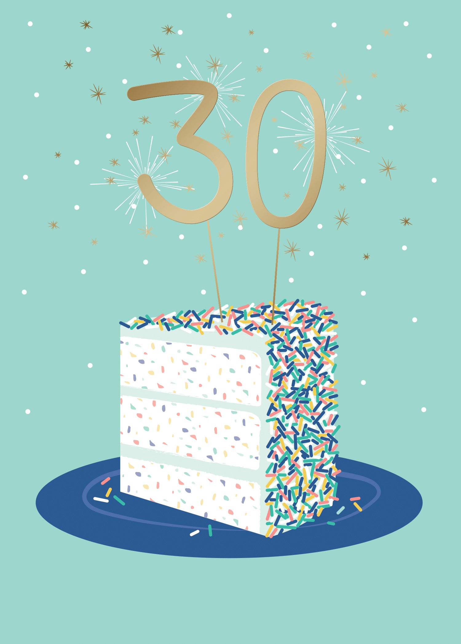 A slice of white cake with colorful sprinkles and a gold "30" topper on a blue plate, set against a teal background with white and gold starbursts and dots.