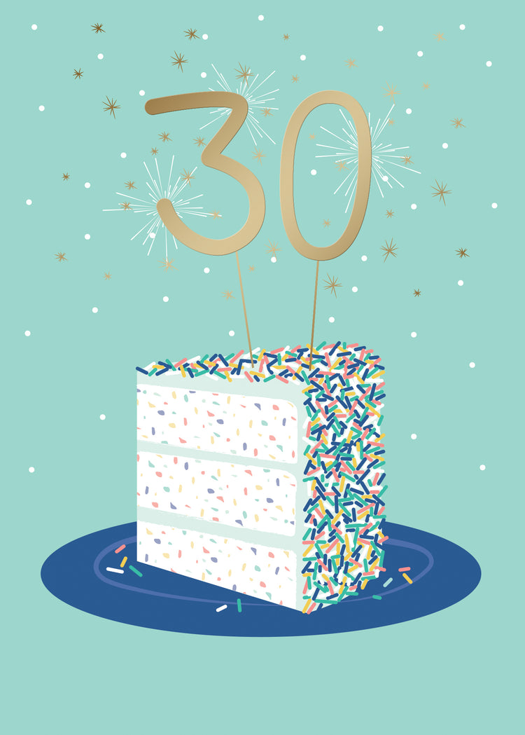 A slice of white cake with colorful sprinkles and a gold "30" topper on a blue plate, set against a teal background with white and gold starbursts and dots.