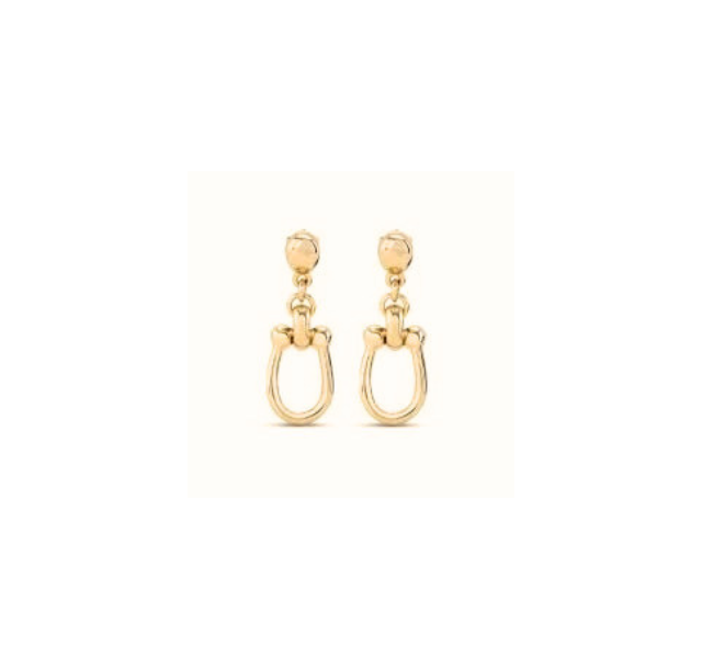 Gold equestrian stirrup drop earrings on a plain white background.