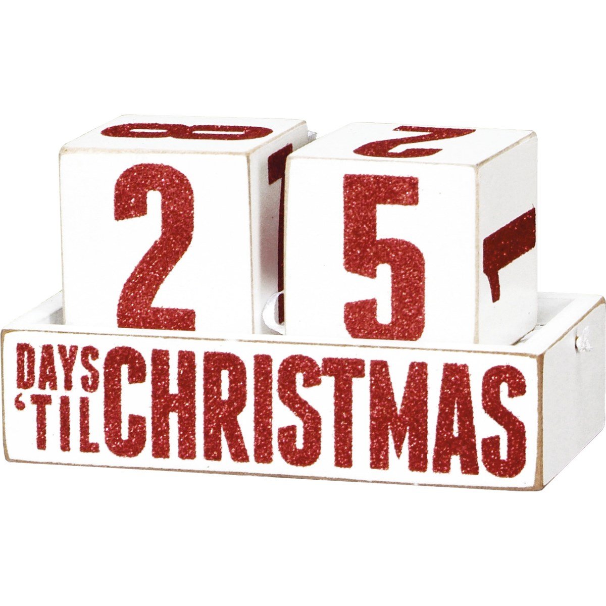 White wooden countdown blocks with red glitter numbers and 'Days 'Til Christmas' text.
