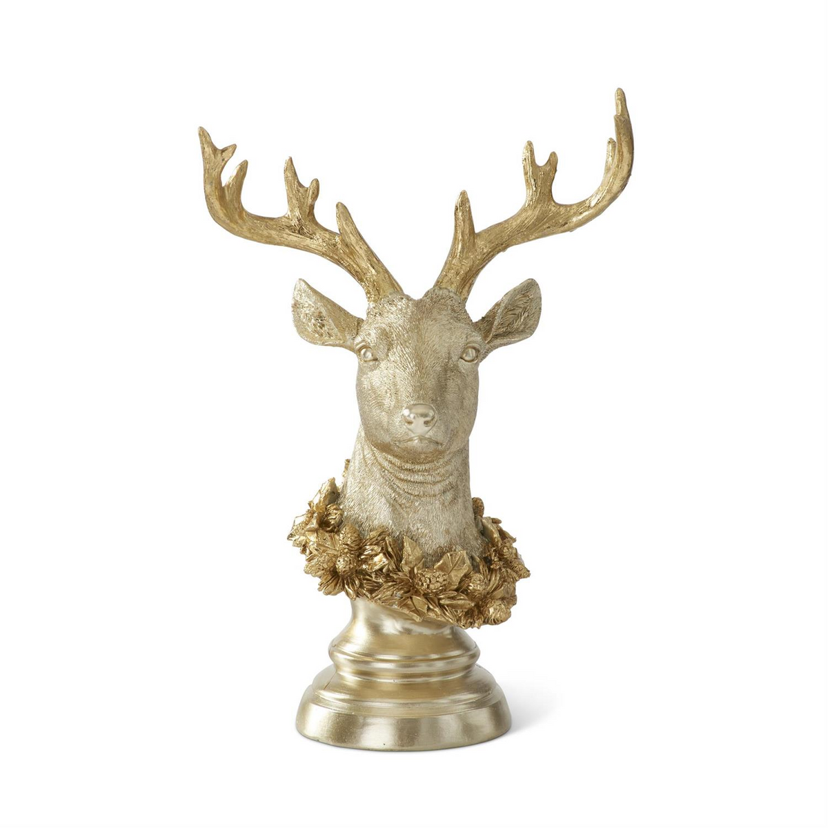 11.75 inch gold deer bust on a pedestal base with a pinecone garland around its neck.