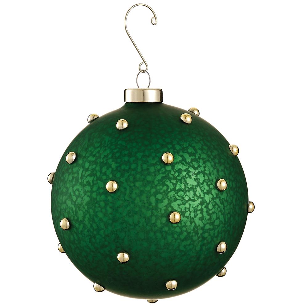 4.75 inch green mercury glass ball ornament with gold bead accents and a hanging hook.