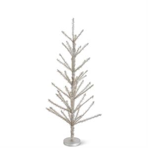 Pewter tinsel tree with beaded tips on MDF stand