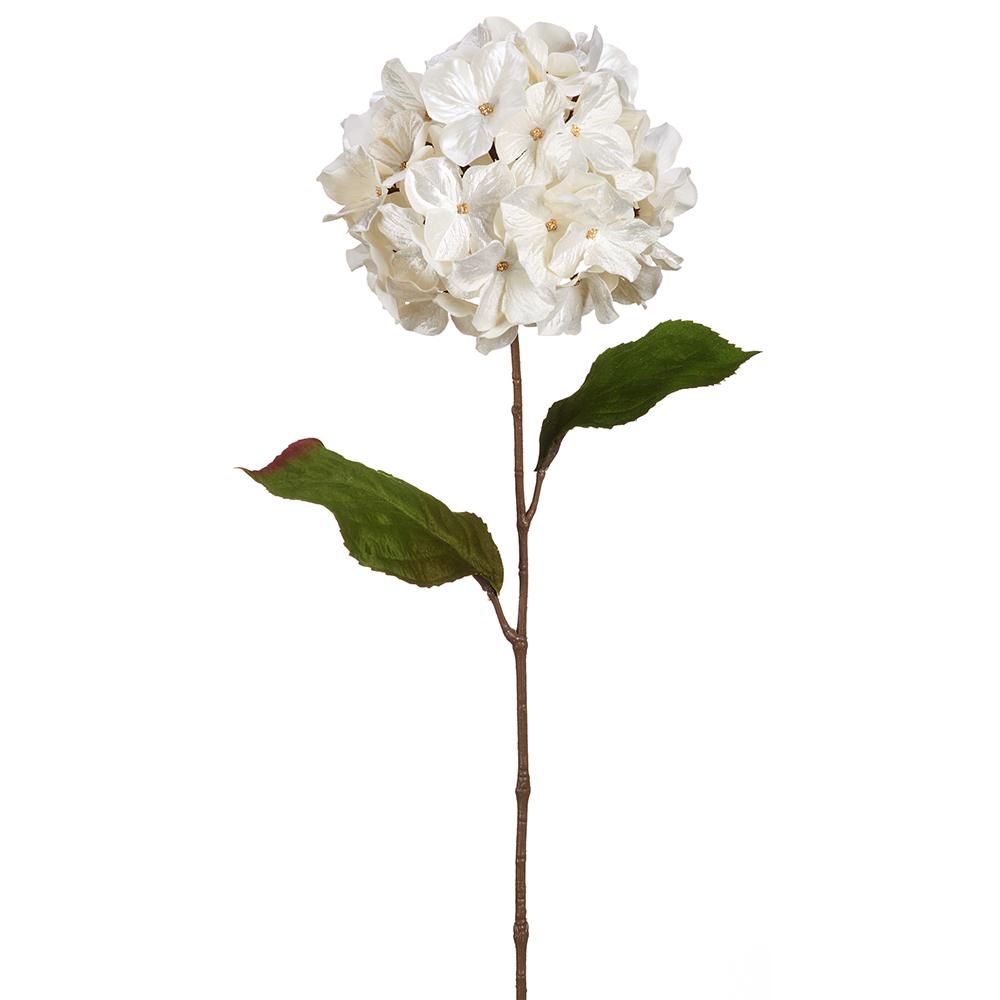 29-inch white shimmer velvet hydrangea spray with a long brown stem and two green leaves.