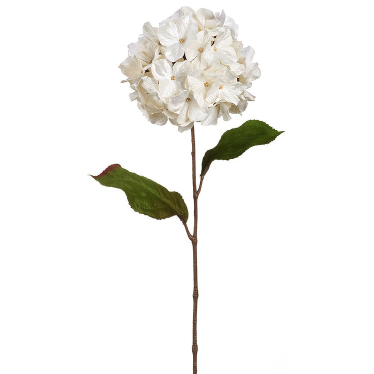 29-inch white shimmer velvet hydrangea spray with a long brown stem and two green leaves.