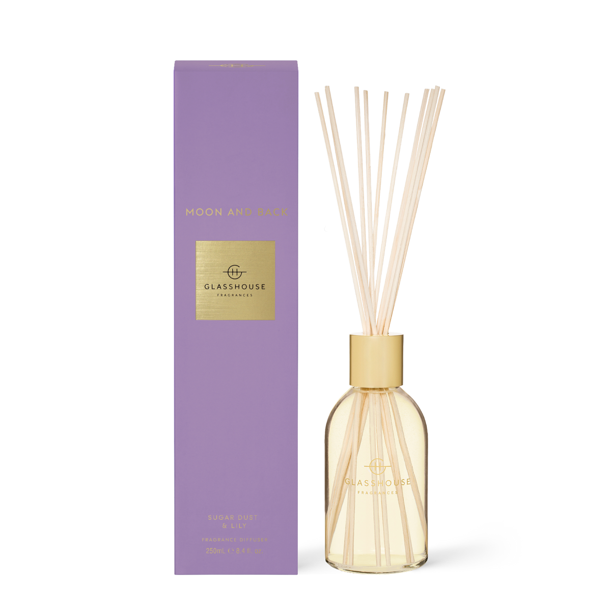 8.4 fl oz Moon And Back diffuser with amber liquid inside a clear glass bottle and wooden reeds.