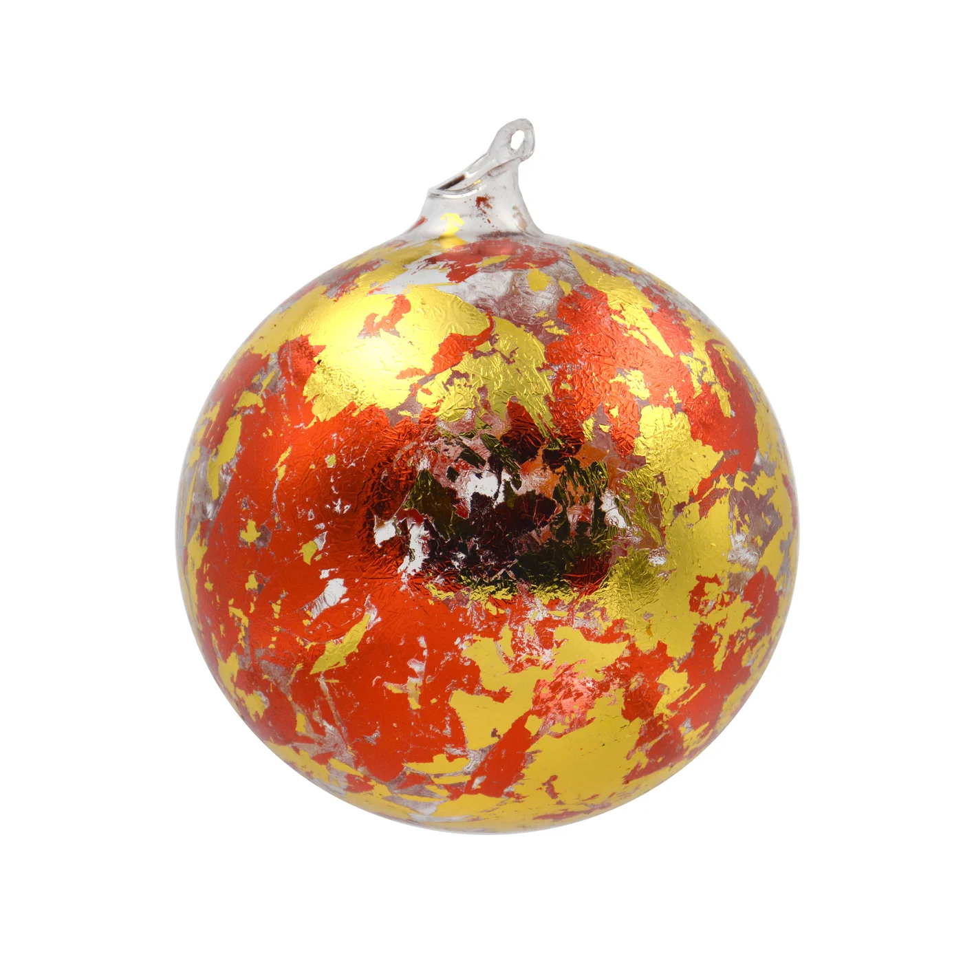 150mm glass ball ornament with a textured metallic red and gold leaf finish.