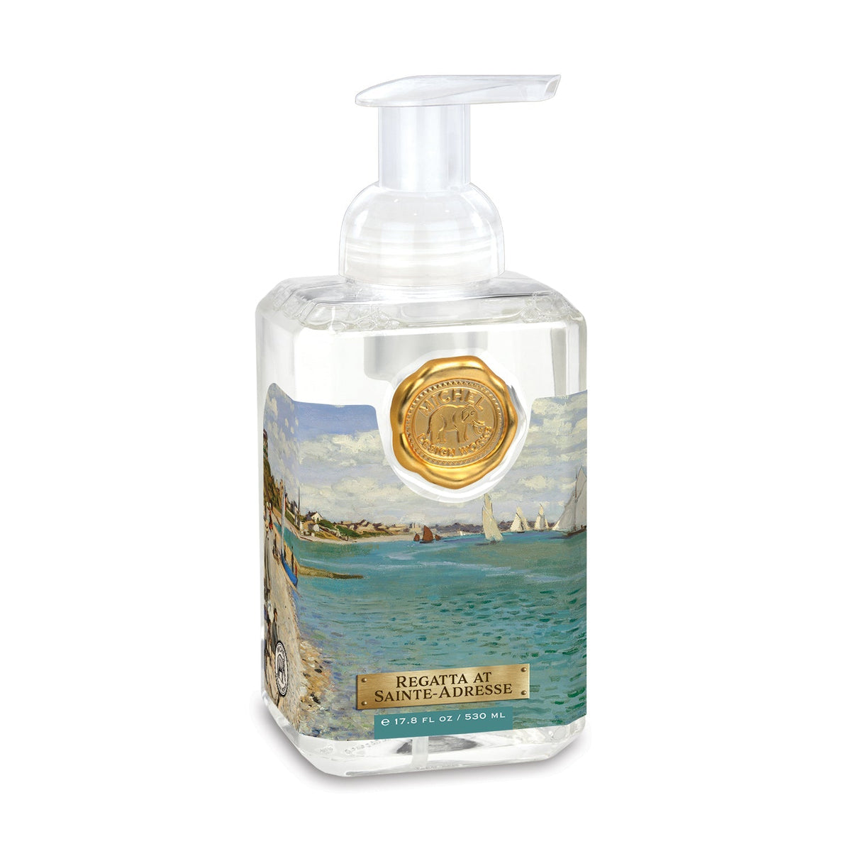 Foaming hand soap dispenser in a clear bottle with white liquid inside.