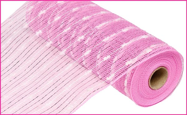 10.25 inch pink metallic puff ball deco mesh ribbon roll with white textured accents.