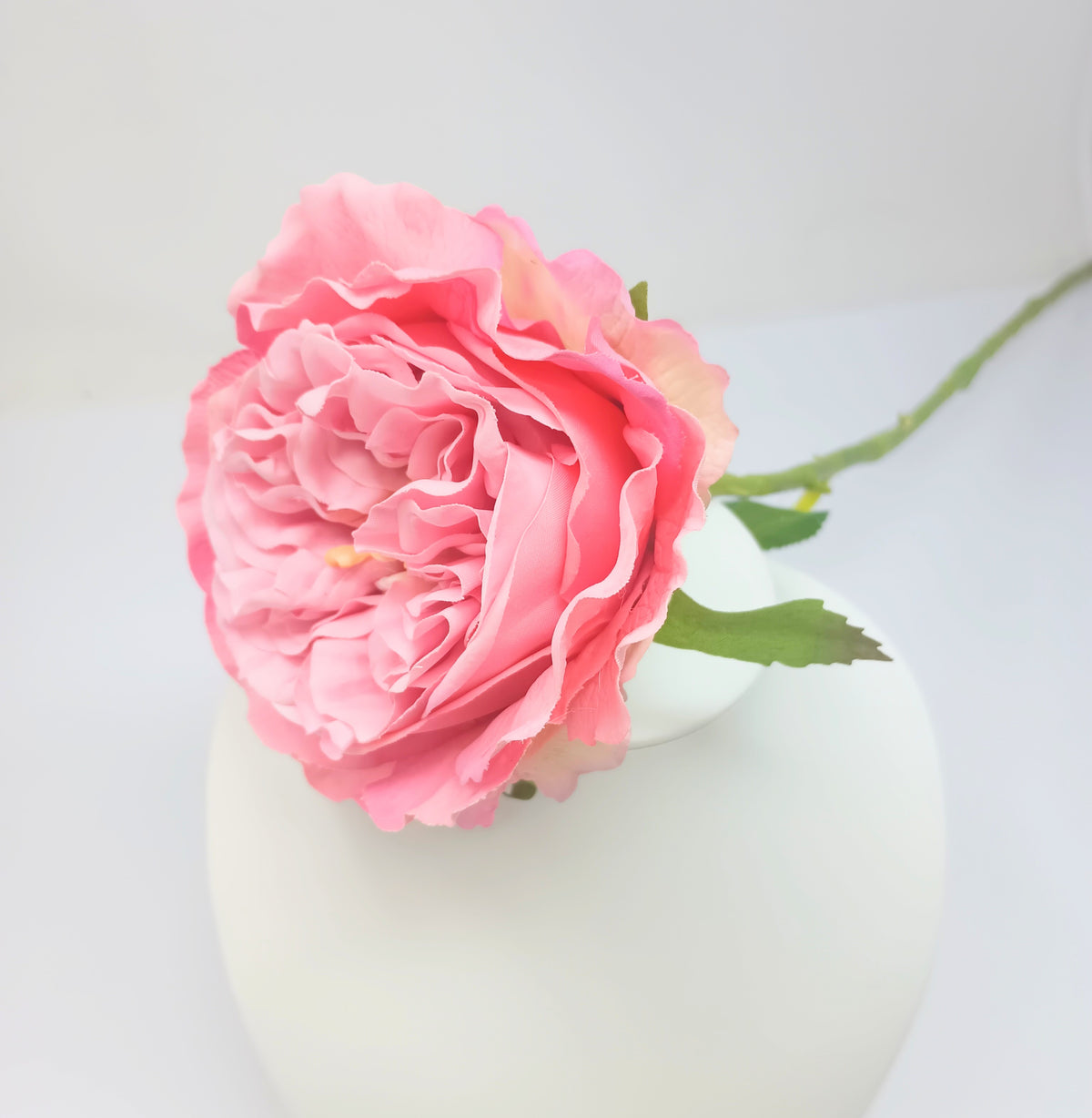 25-inch real touch pink rose stem with ruffled petals in a white vase.