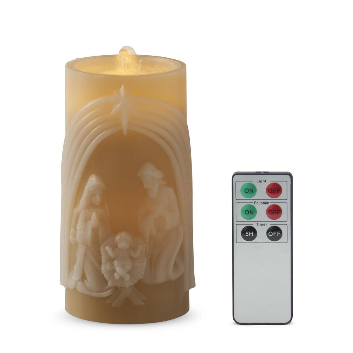 Cream paraffin nativity water candle with LED lights, timer, remote control, and plastic base.