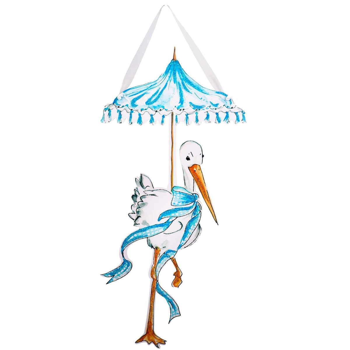Beck's Stork door hanger featuring a black stork silhouette on white fabric with gold accents.