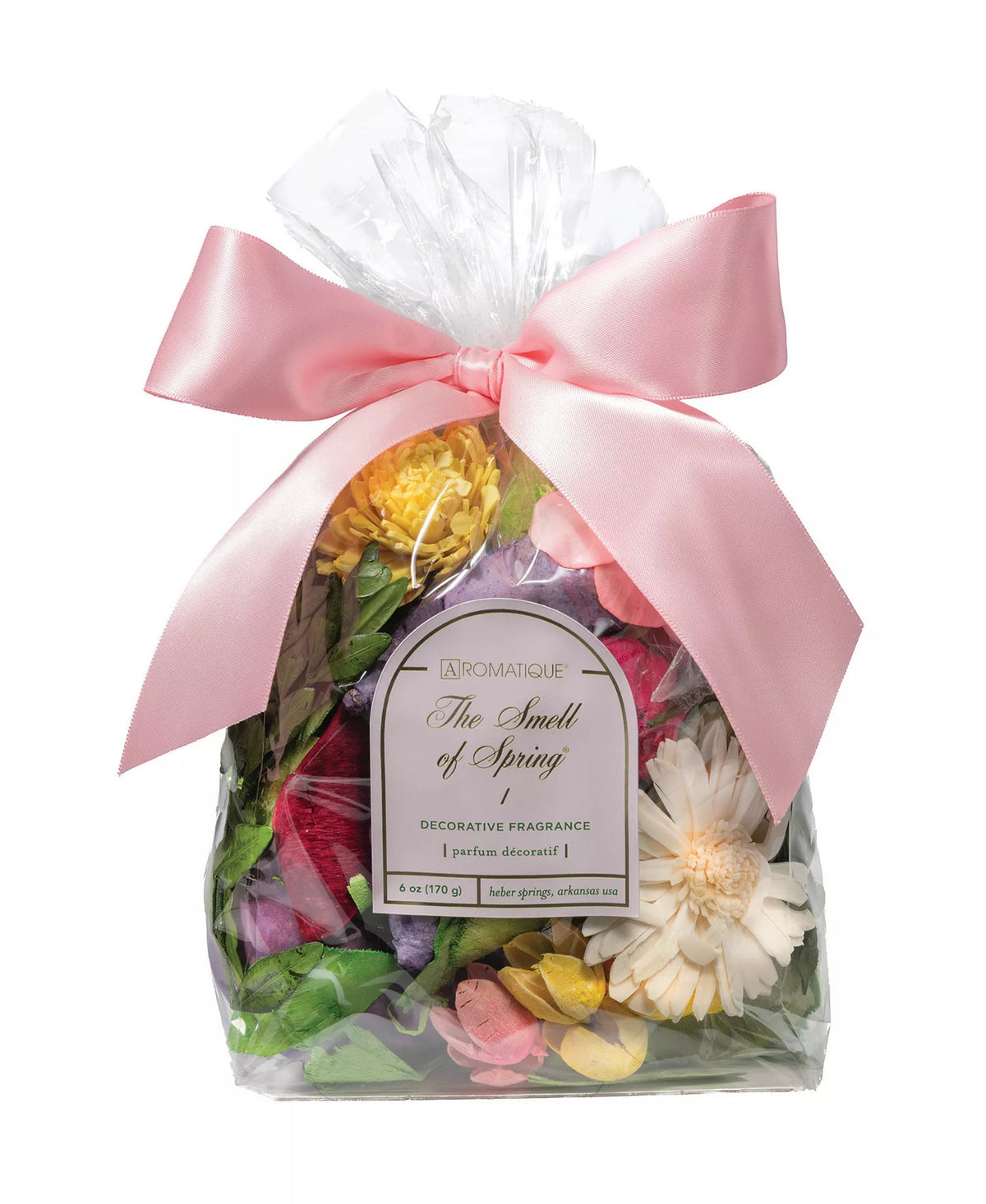 Aromatique The Smell of Spring decorative fragrance potpourri in a clear bag with a pink ribbon.