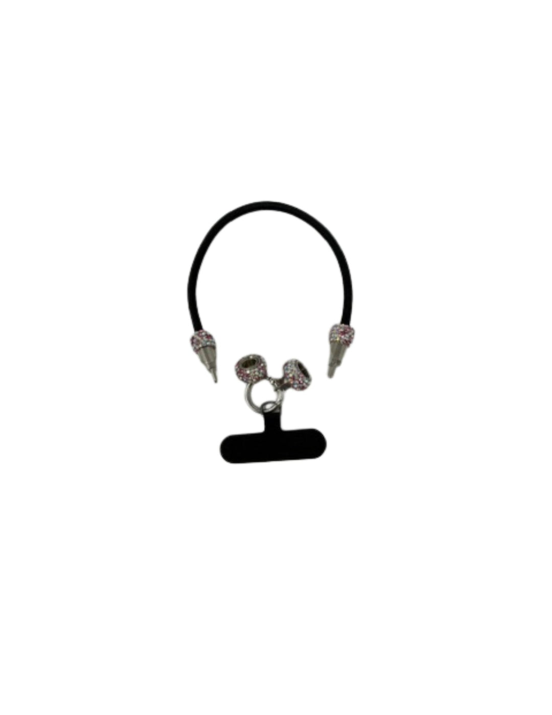 Cell Phone Buddy black cord with pink and silver rhinestone accents and a black phone patch.