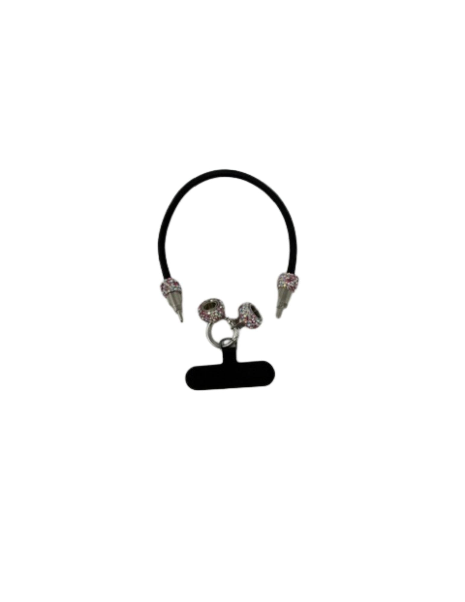 Cell Phone Buddy black cord with pink and silver rhinestone accents and a black phone patch.