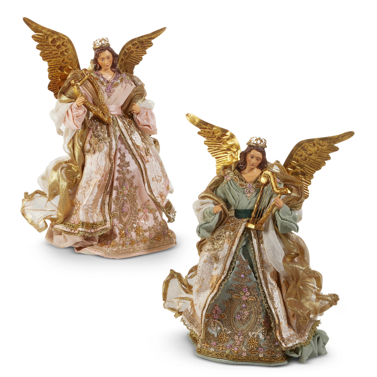 Two 16-inch Victorian angel tree toppers in pink and sage green with gold wings and harps.