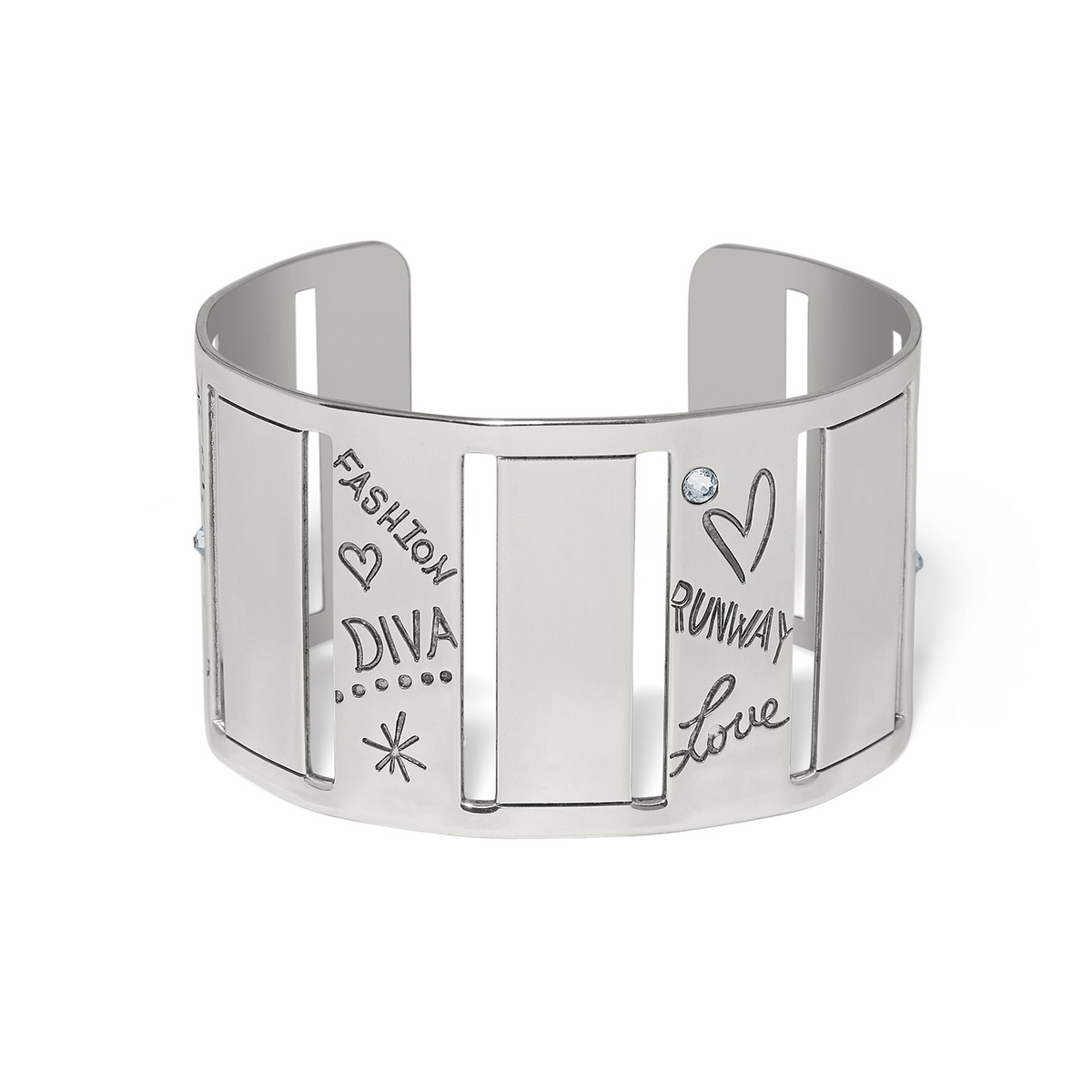 Silver Fashionista Cover Girl Scarf Cuff with engraved words Fashion, Diva, Runway, and Love.