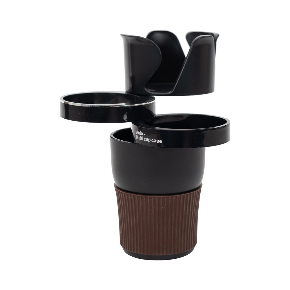 Black rotating car cup holder caddy with non-slip base holding a beverage.