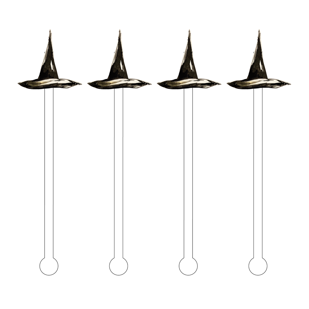 Set of four 6-inch clear acrylic stir sticks topped with black watercolor-style witch hats.