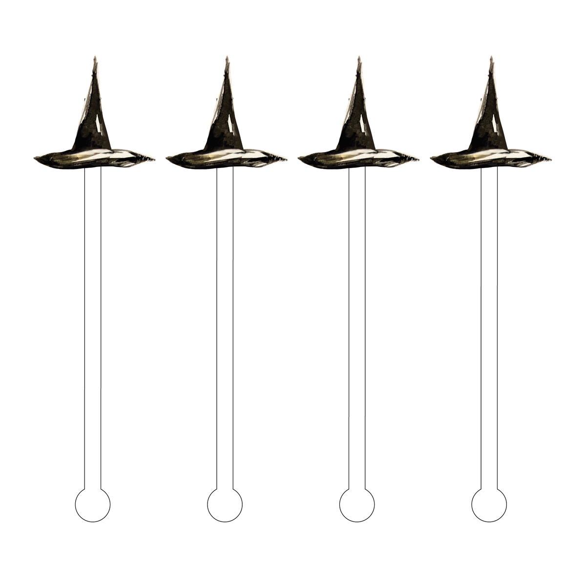 Set of four 6-inch clear acrylic stir sticks topped with black watercolor-style witch hats.