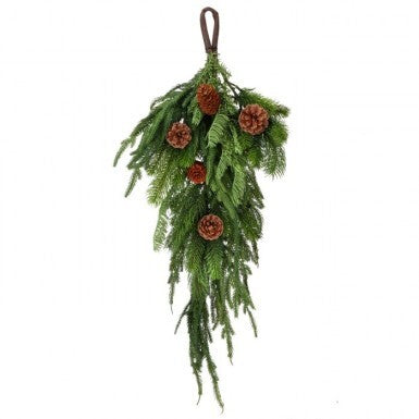 27-inch Real Touch Norfolk, Spruce, and Juniper teardrop swag with pinecones and a hanging loop.
