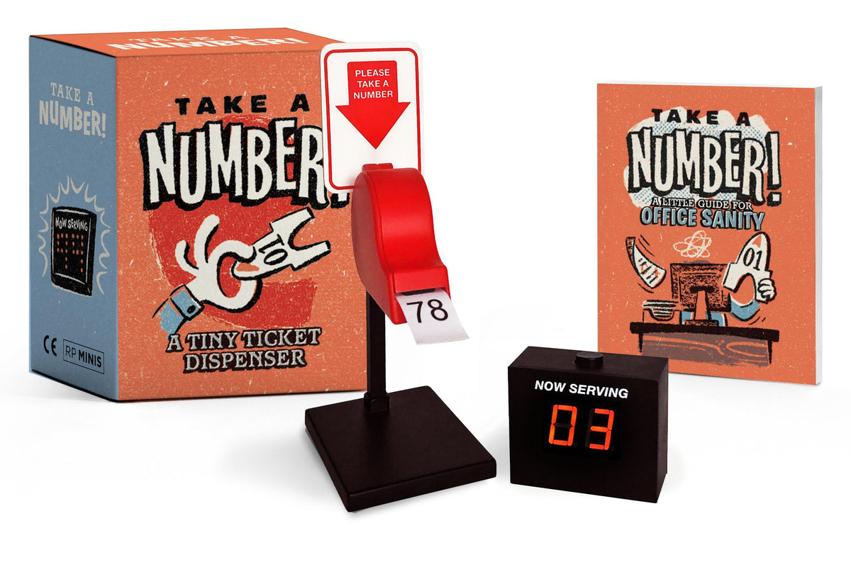 Take a Number! mini ticket dispenser kit with a red dispenser, paper tickets, and digital display.