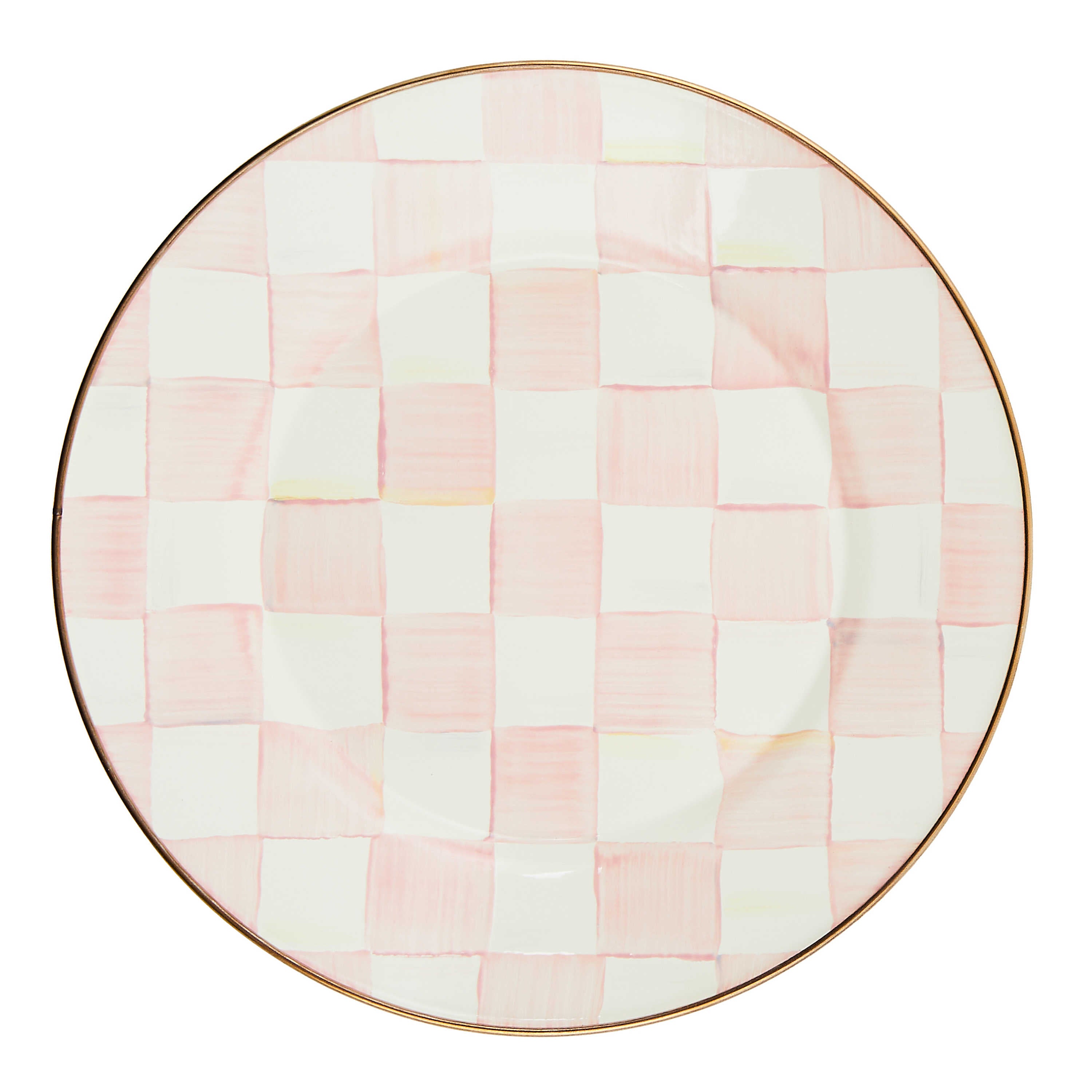 Round enamel dinner plate with a hand-painted pink and white checkered pattern and a bronze rim.