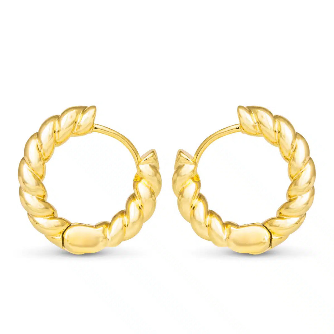 Clara Mini Gold Polished Rope Hoop Earrings featuring a twisted rope design and hinge closure.