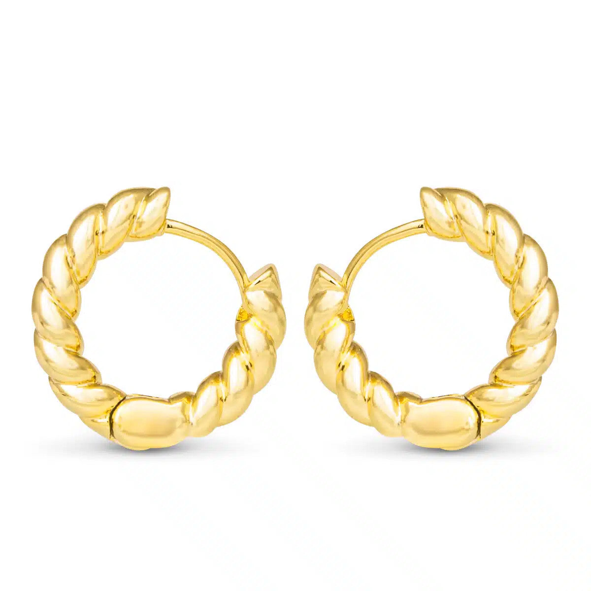 Clara Mini Gold Polished Rope Hoop Earrings featuring a twisted rope design and hinge closure.