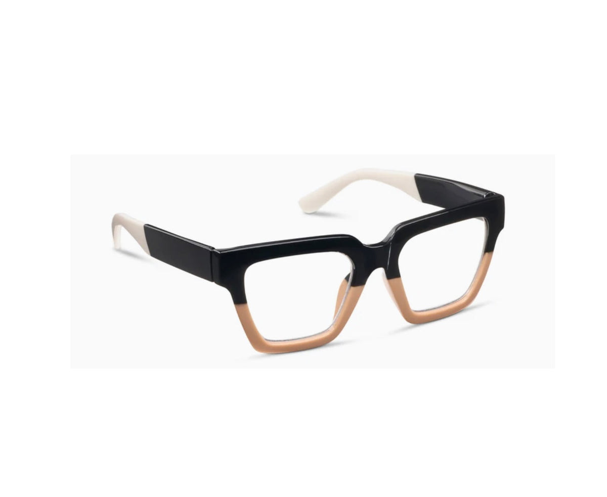 Take A Bow eyeglasses with bold blue frame featuring animal print temples.