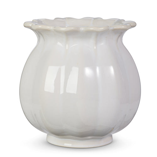 9-inch ivory stoneware bud planter with a scalloped rim and ribbed bulbous body.