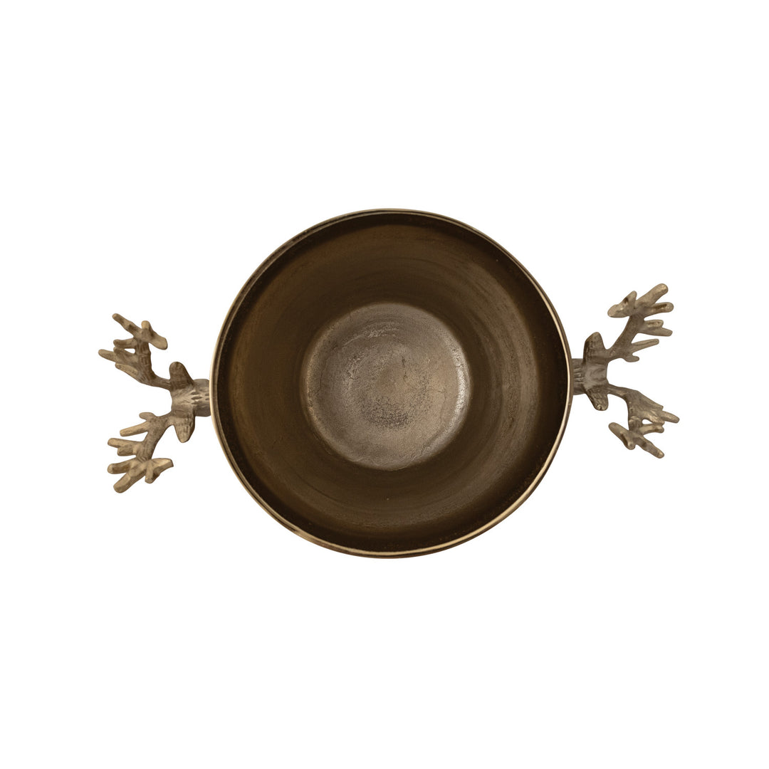 Top view of a cast aluminum ice bucket with reindeer head shaped handles in a bronze finish.