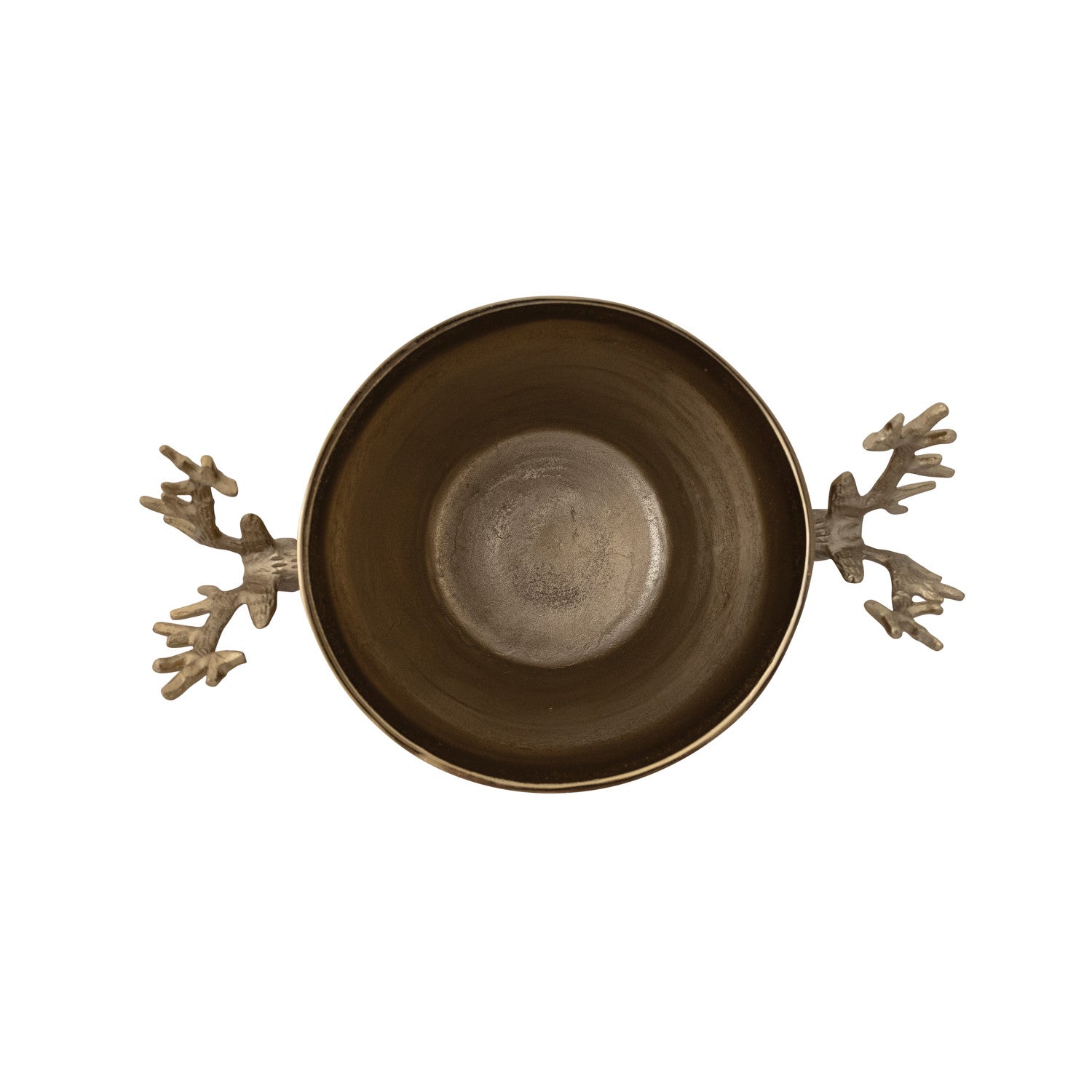 Top view of a cast aluminum ice bucket with reindeer head shaped handles in a bronze finish.