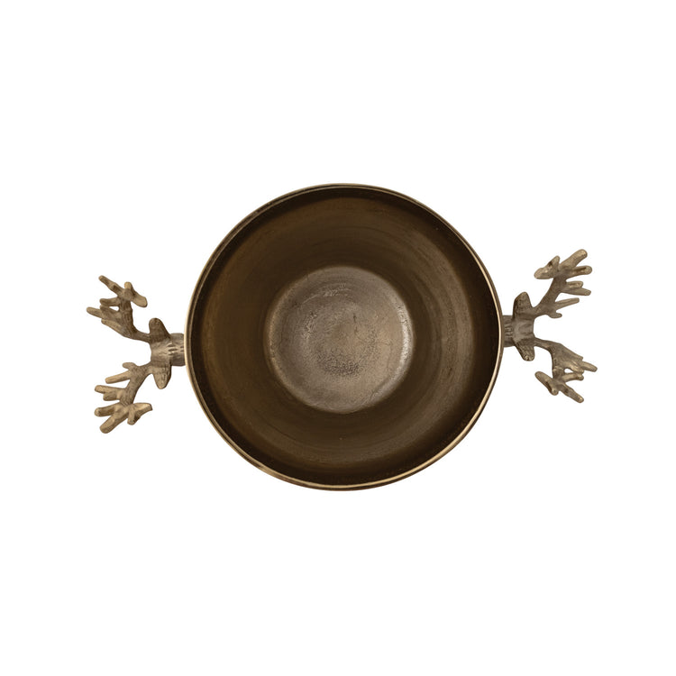 Top view of a cast aluminum ice bucket with reindeer head shaped handles in a bronze finish.