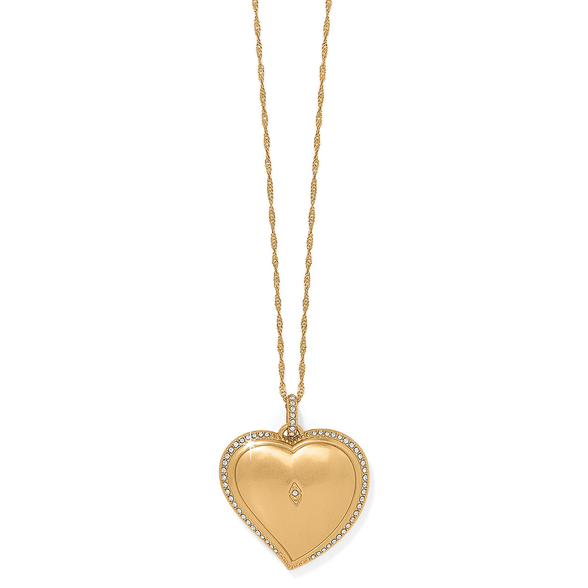 Gold plated adjustable necklace with a large reversible crystal heart pendant on an 18-inch chain.