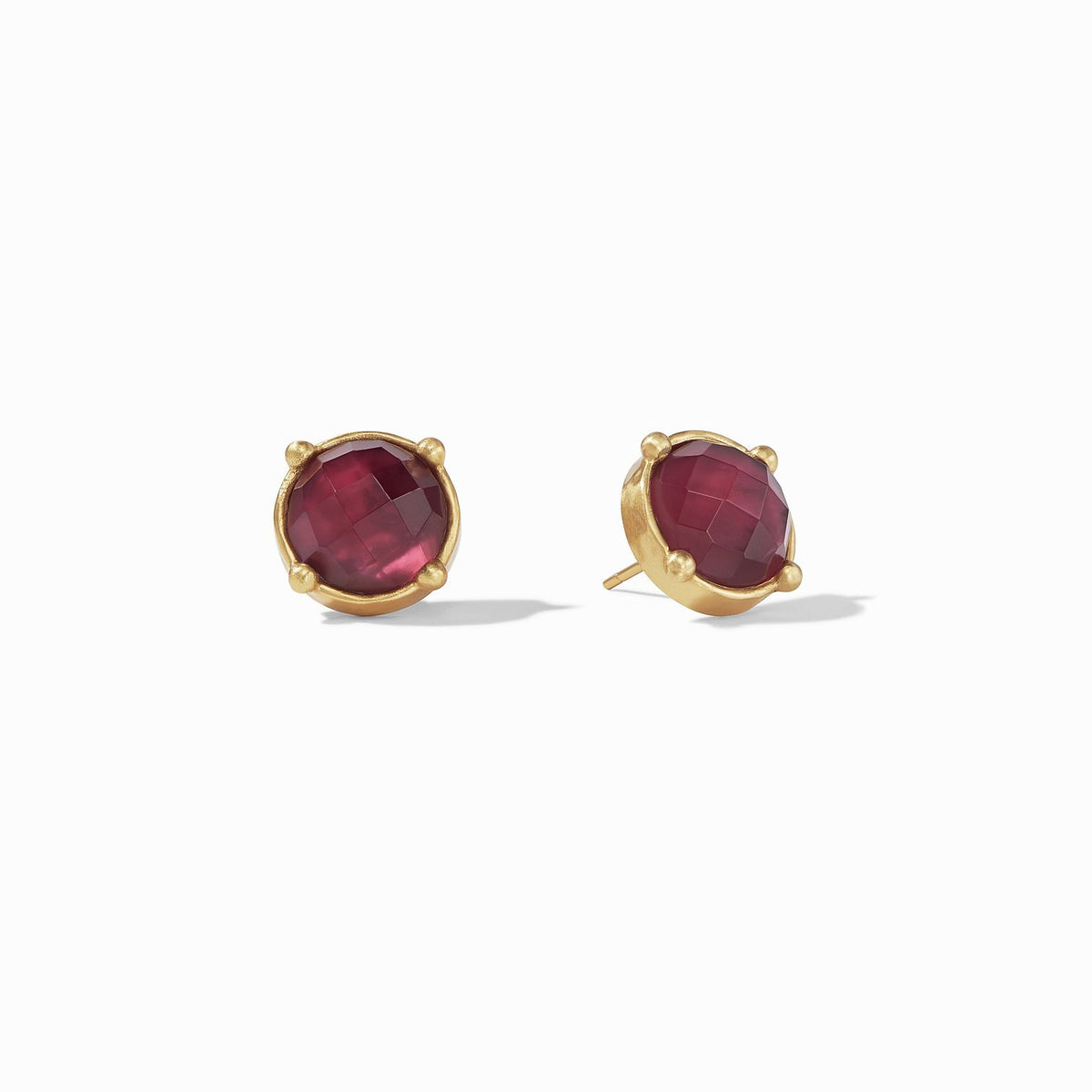 Rose cut ruby red glass honey stud earring with hammered gold bezel