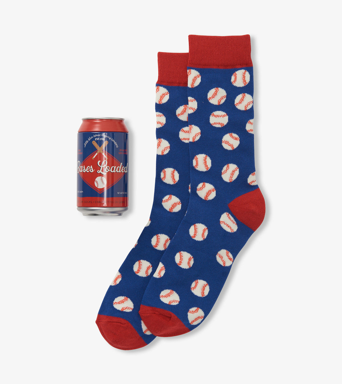 Men's blue crew socks with a baseball pattern and red trim next to a Bases Loaded beer can.