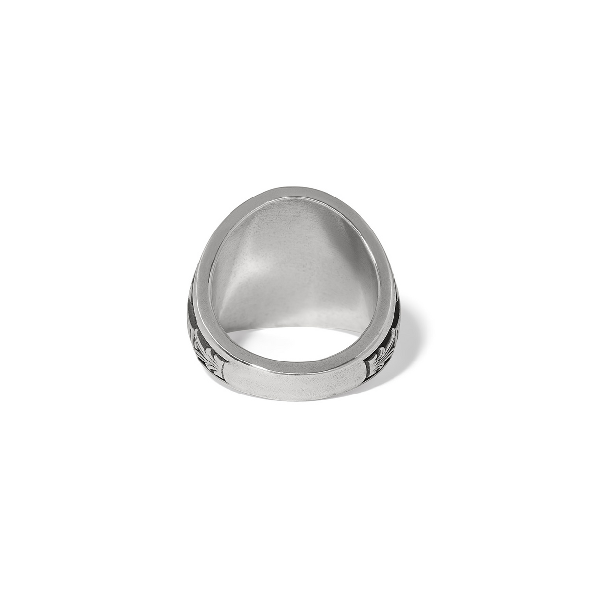 Back view of the silver plated Ferrara Florentine Ring showing the smooth inner band and engraving.